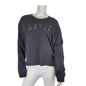 Levi's SZ XXL Tee T Shirt Long Sleeve Black Silver Spellout Logo Cropped Preppy